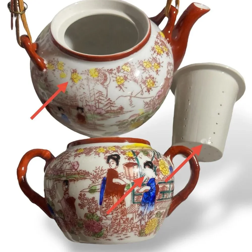 Antique Japanese Kutani Porcelain Tea Set Teapot Sugar Bowl Creamer Floral